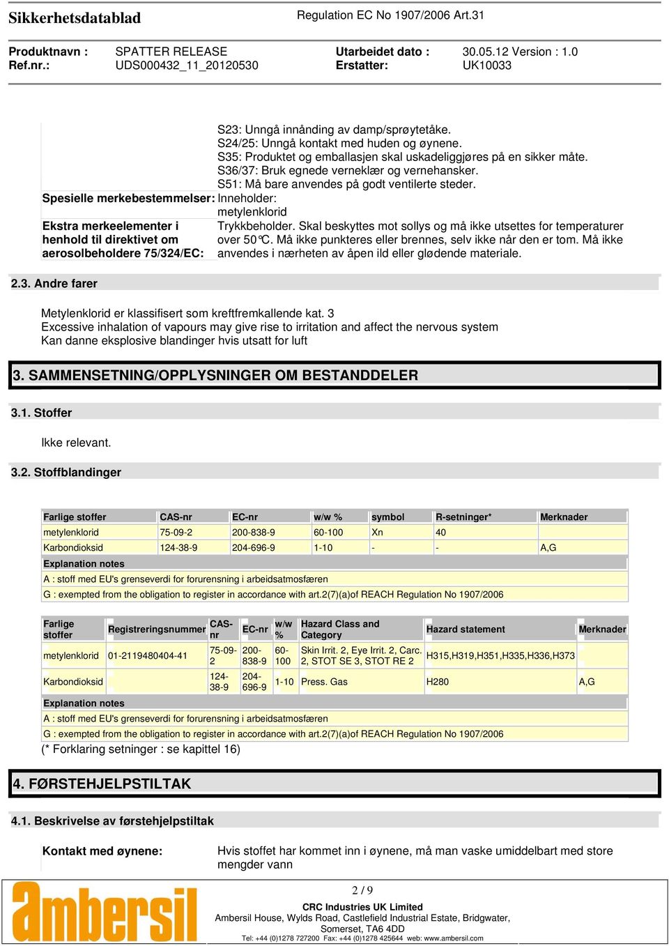 Spesielle merkebestemmelser: Inneholder: metylenklorid Ekstra merkeelementer i henhold til direktivet om aerosolbeholdere 75/324/EC: 2.3. Andre farer Trykkbeholder.