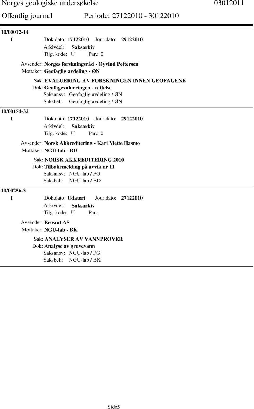 rettelse Saksansv: Geofaglig avdeling / ØN Saksbeh: Geofaglig avdeling / ØN 10/00154-32 I Dok.dato: 17122010 Jour.