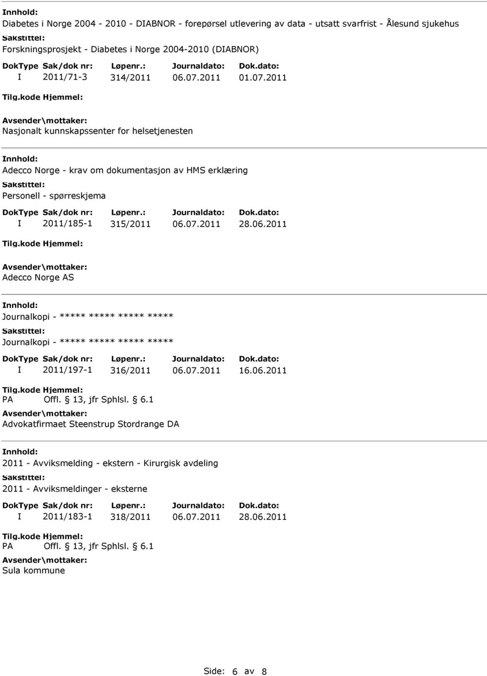 2011 Nasjonalt kunnskapssenter for helsetjenesten Adecco Norge - krav om dokumentasjon av HMS erklæring Personell - spørreskjema 2011/185-1 315/2011 28.06.