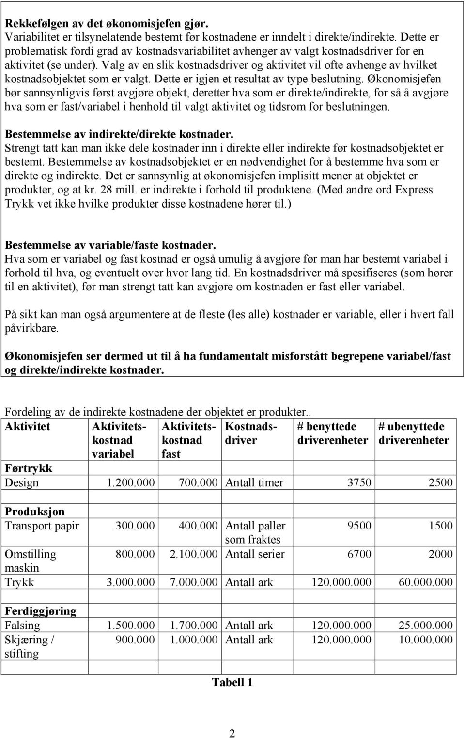 Valg av en slik kostnadsdriver og aktivitet vil ofte avhenge av hvilket kostnadsobjektet som er valgt. Dette er igjen et resultat av type beslutning.