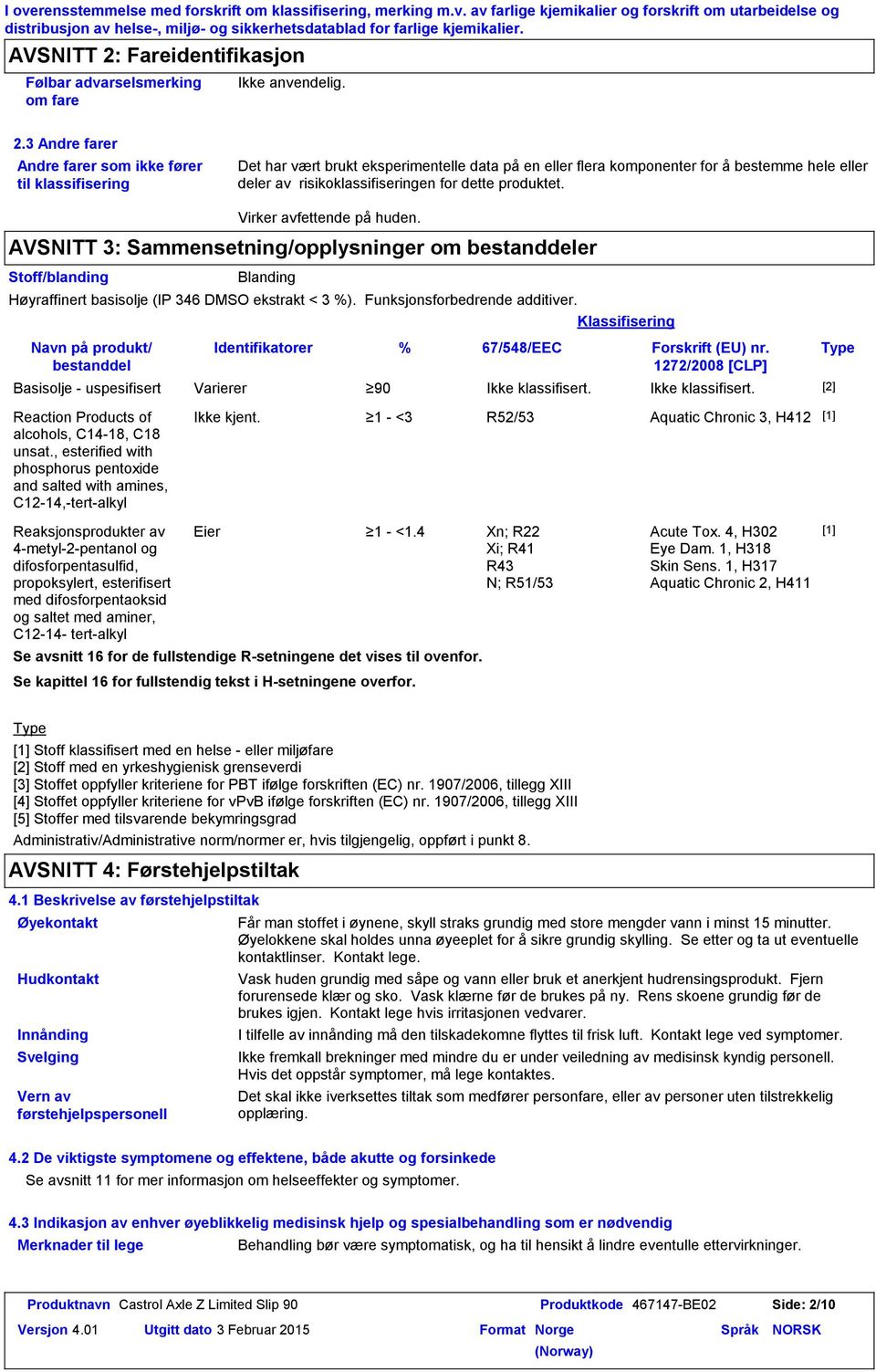 produktet. Stoff/blanding Virker avfettende på huden. AVSNITT 3: Sammensetning/opplysninger om bestanddeler Blanding Høyraffinert basisolje (IP 346 DMSO ekstrakt < 3 %).