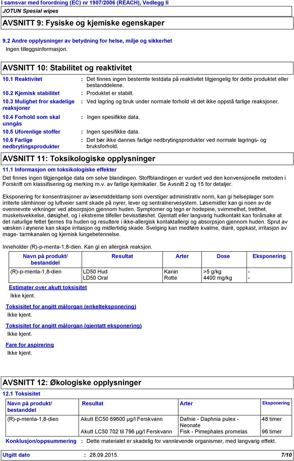 4 Forhold som skal unngås 10.5 Uforenlige stoffer 10.6 Farlige nedbrytingsprodukter Navn på produkt/ bestanddel Ved lagring og bruk under normale forhold vil det ikke oppstå farlige reaksjoner.