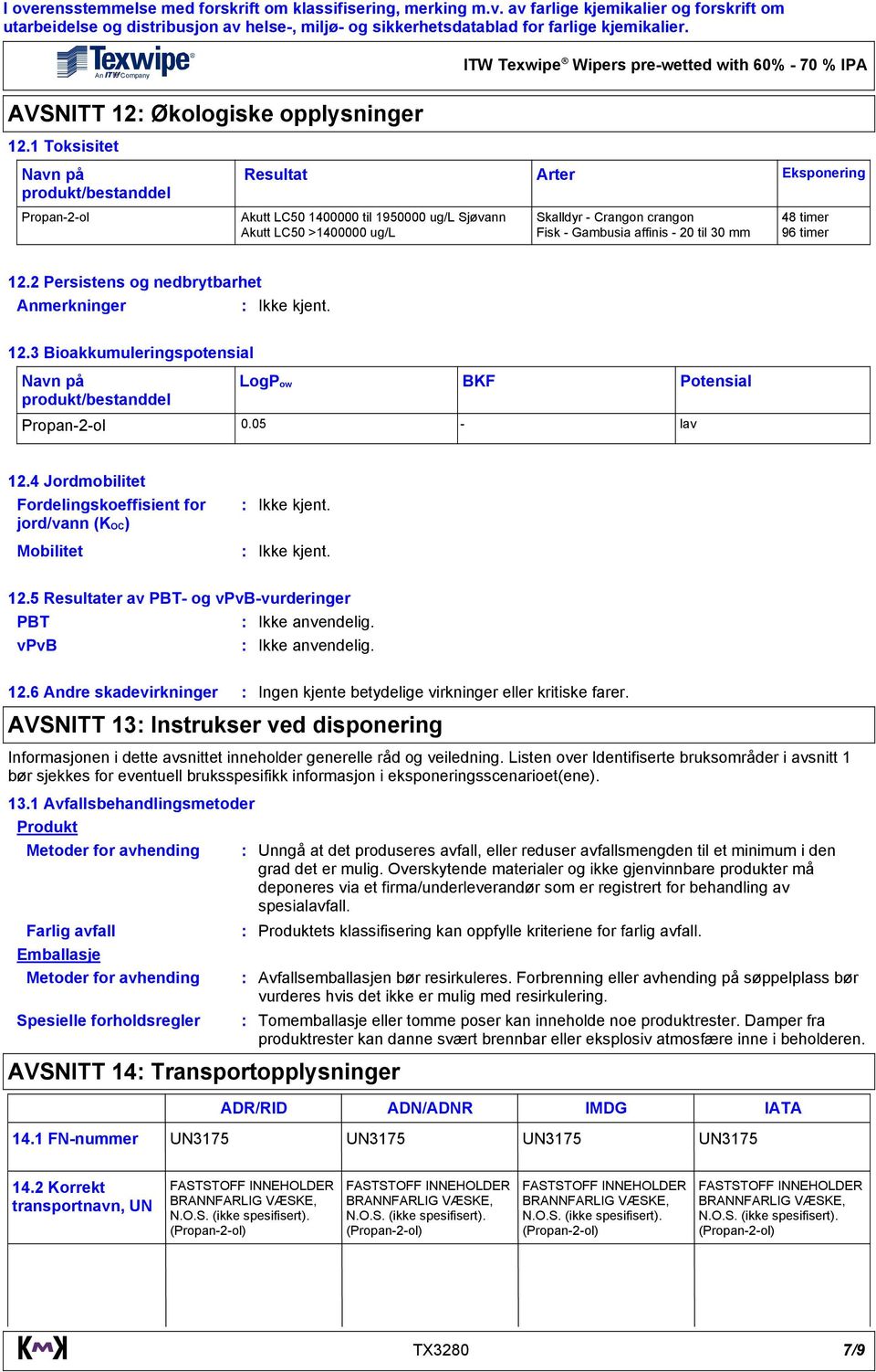 4 Jordmobilitet Fordelingskoeffisient for jord/vann (KOC) Mobilitet 12.5 esultater av PBT- og vpvb-vurderinger PBT Ikke anvendelig. vpvb Ikke anvendelig. 12.6 Andre skadevirkninger Ingen kjente betydelige virkninger eller kritiske farer.