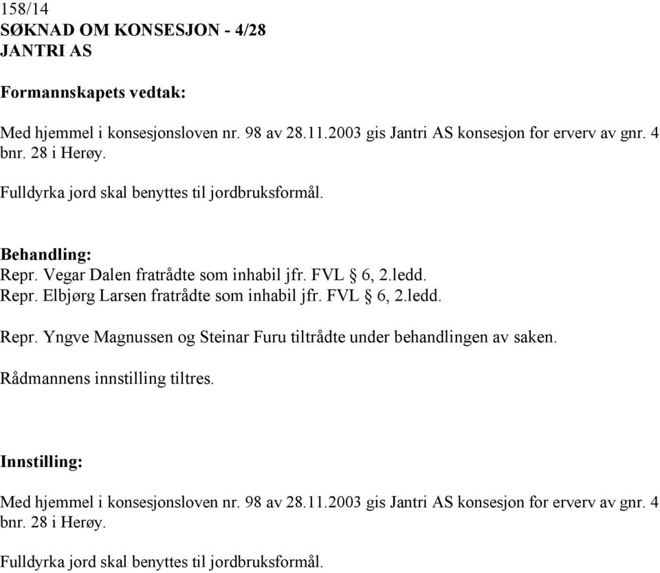 FVL 6, 2.ledd. Repr. Yngve Magnussen og Steinar Furu tiltrådte under behandlingen av saken. Rådmannens innstilling tiltres.