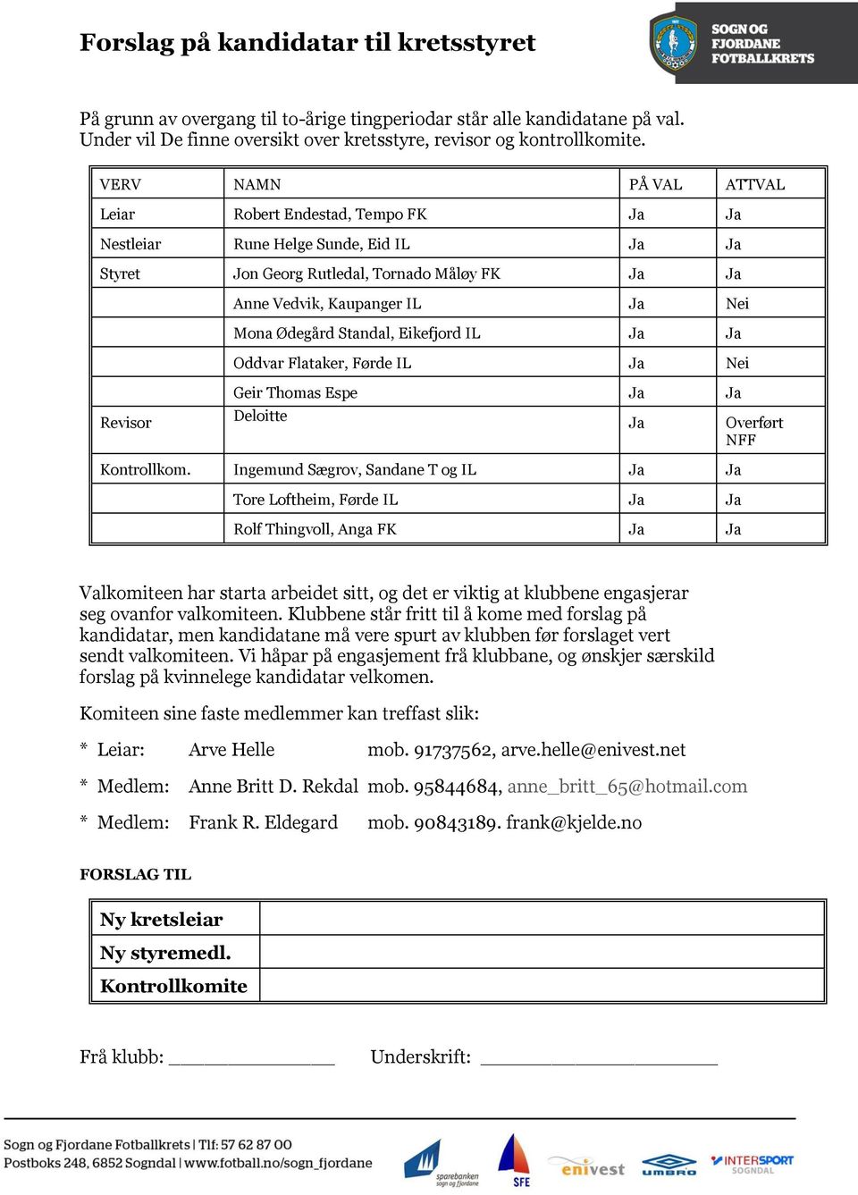 Standal, Eikefjord IL Ja Ja Oddvar Flataker, Førde IL Ja Nei Revisor Geir Thomas Espe Ja Ja Deloitte Ja Overført NFF Kontrollkom.