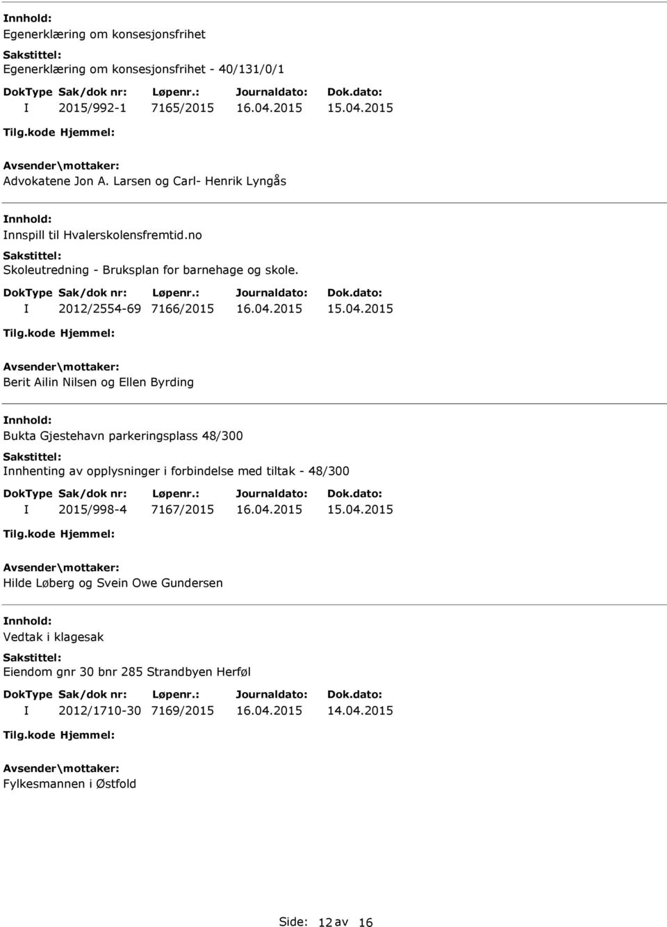 2012/2554-69 7166/2015 Berit Ailin Nilsen og Ellen Byrding Bukta Gjestehavn parkeringsplass 48/300 nnhenting av opplysninger i forbindelse med