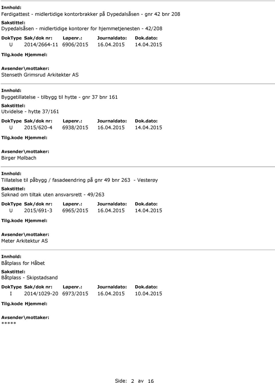 37/161 2015/620-4 6938/2015 Birger Mølbach Tillatelse til påbygg / fasadeendring på gnr 49 bnr 263 - Vesterøy Søknad om tiltak uten