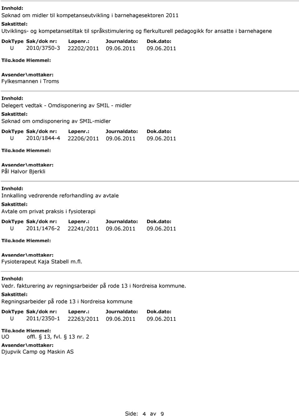 nnkalling vedrørende reforhandling av avtale Avtale om privat praksis i fysioterapi 2011/1476-2 22241/2011 Fysioterapeut Kaja Stabell m.fl. Vedr.