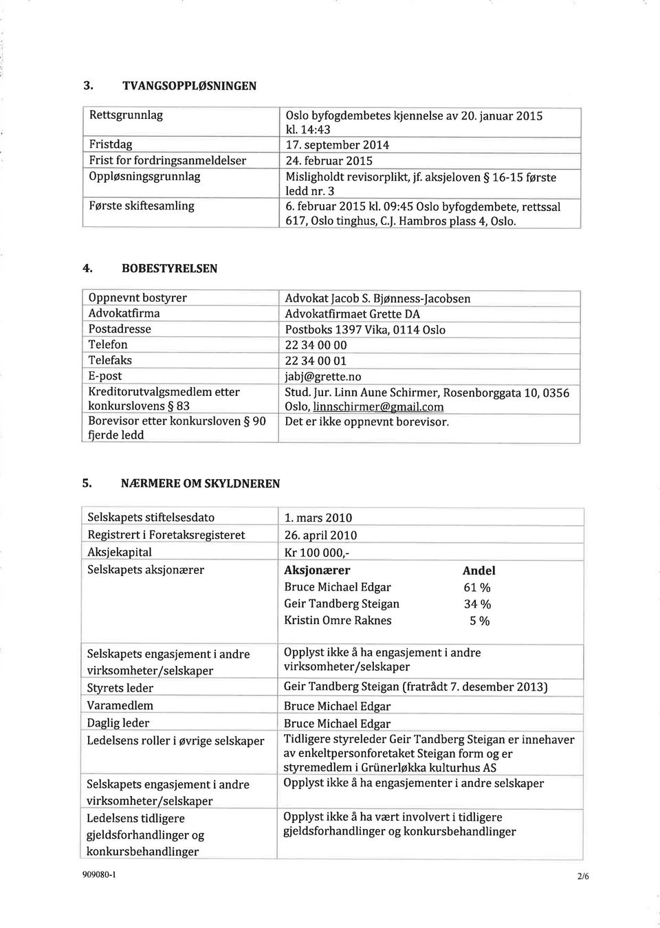 4. BOBESTYRELSEN Oppnevnt bostyrer Advokatfirma Postadresse 'Tpìofnn Advokat facob S. Bjønness-facobsen Advokatfirmaet Grette DA Postboks L397 Vika,0114 Oslo 22 þþ J-r 2/1.