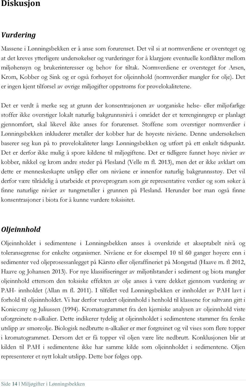 Normverdiene er oversteget for Arsen, Krom, Kobber og Sink og er også forhøyet for oljeinnhold (normverdier mangler for olje).