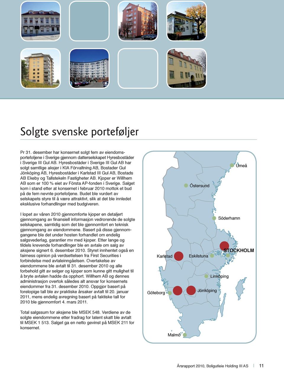 Kjøper er Willhem AB som er 100 % eiet av Första AP-fonden i Sverige. Salget kom i stand etter at konsernet i februar 2010 mottok et bud på de fem nevnte porteføljene.