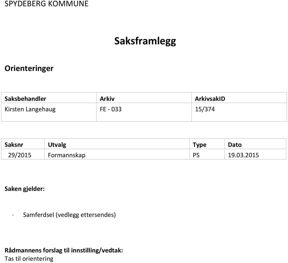 29/2015 Formannskap PS 19.03.