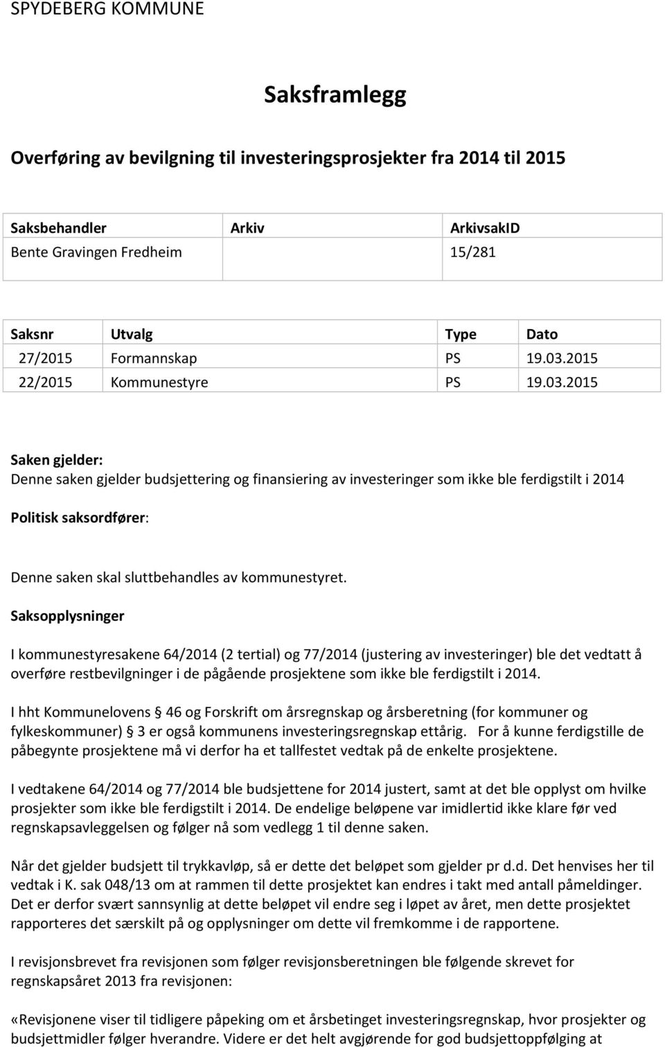 2015 22/2015 Kommunestyre PS 19.03.