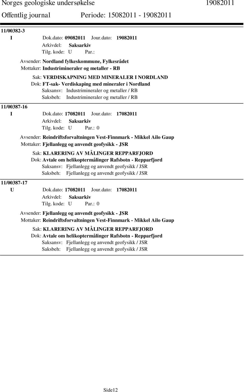 Nordland Saksansv: Industrimineraler og metaller / RB Saksbeh: Industrimineraler og metaller / RB 11/00387-16 I Dok.dato: 17082011 Jour.