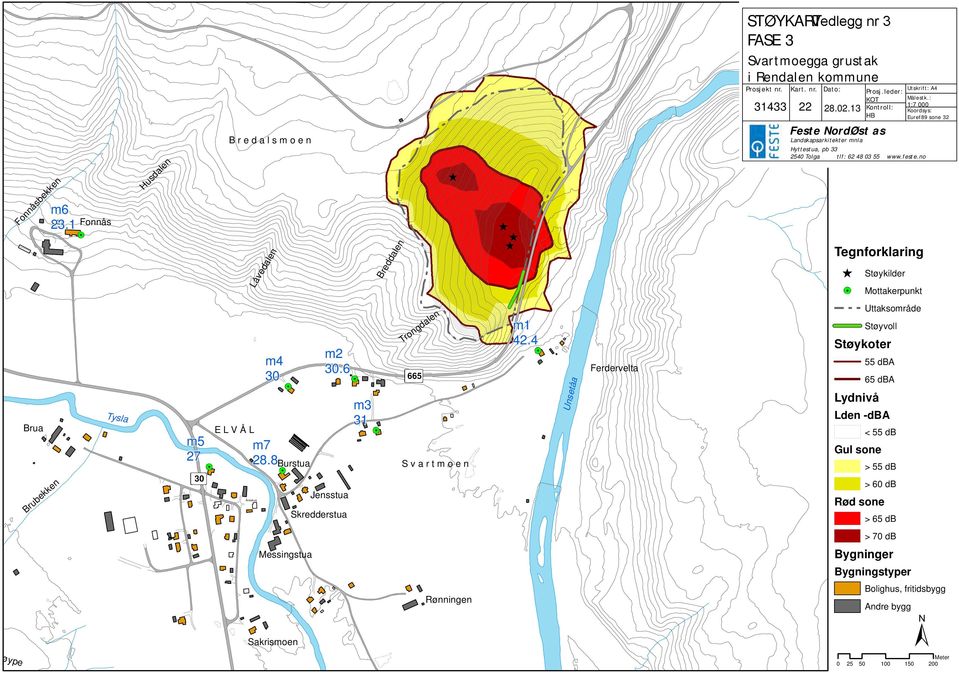 no Låvedalen Breddalen Tegnforklaring Støykilder Mottakerpunkt Brua Brubekken Tysla m5 27 E L V Å L Ånestua m4 m7 28.8 Burstua m2.6 Jensstua Skredderstua m3 31 Trongdalen 665 S v a r t m o e n m1 42.