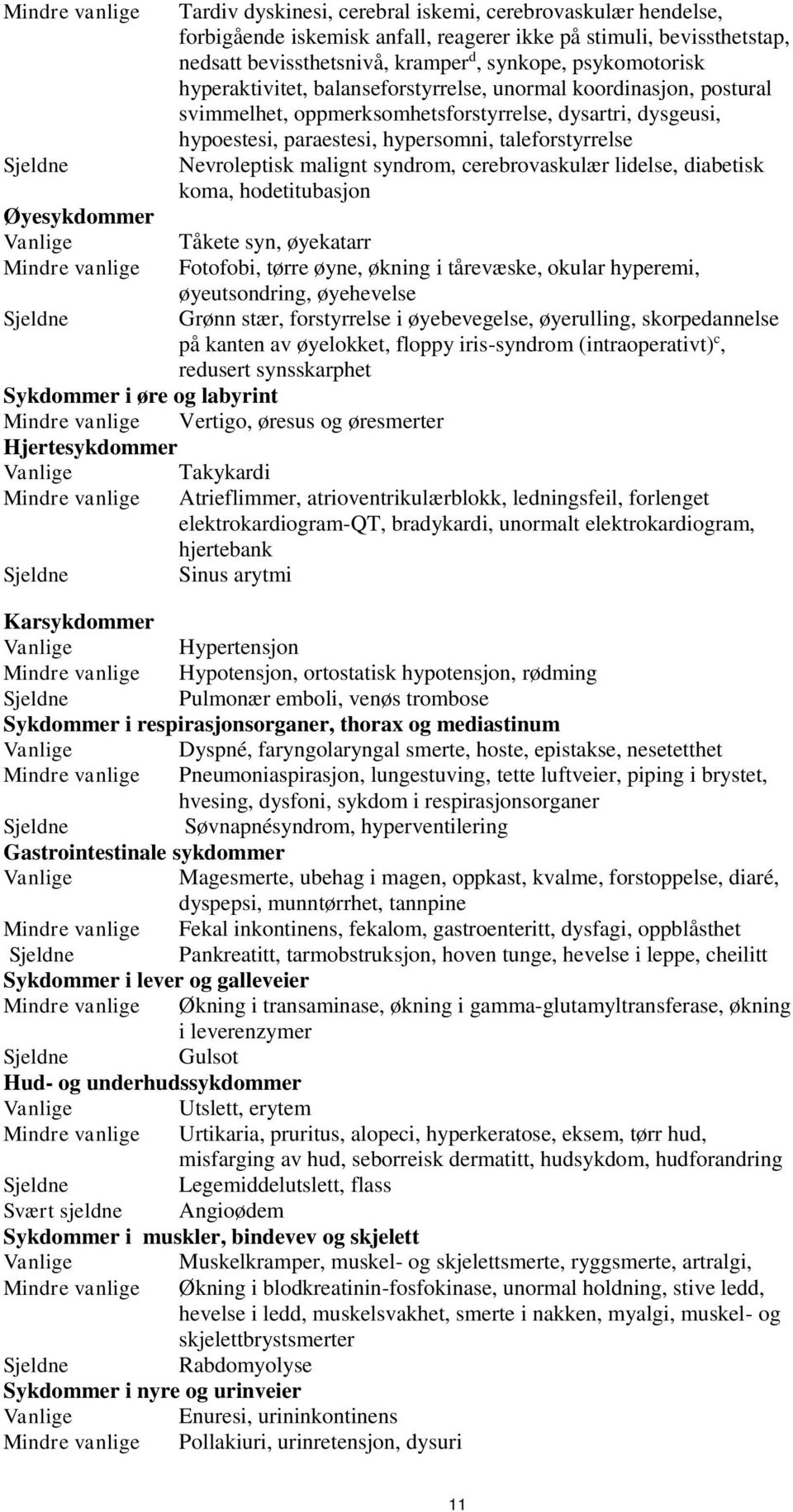 Sjeldne Nevroleptisk malignt syndrom, cerebrovaskulær lidelse, diabetisk koma, hodetitubasjon Øyesykdommer Vanlige Tåkete syn, øyekatarr Mindre vanlige Fotofobi, tørre øyne, økning i tårevæske,