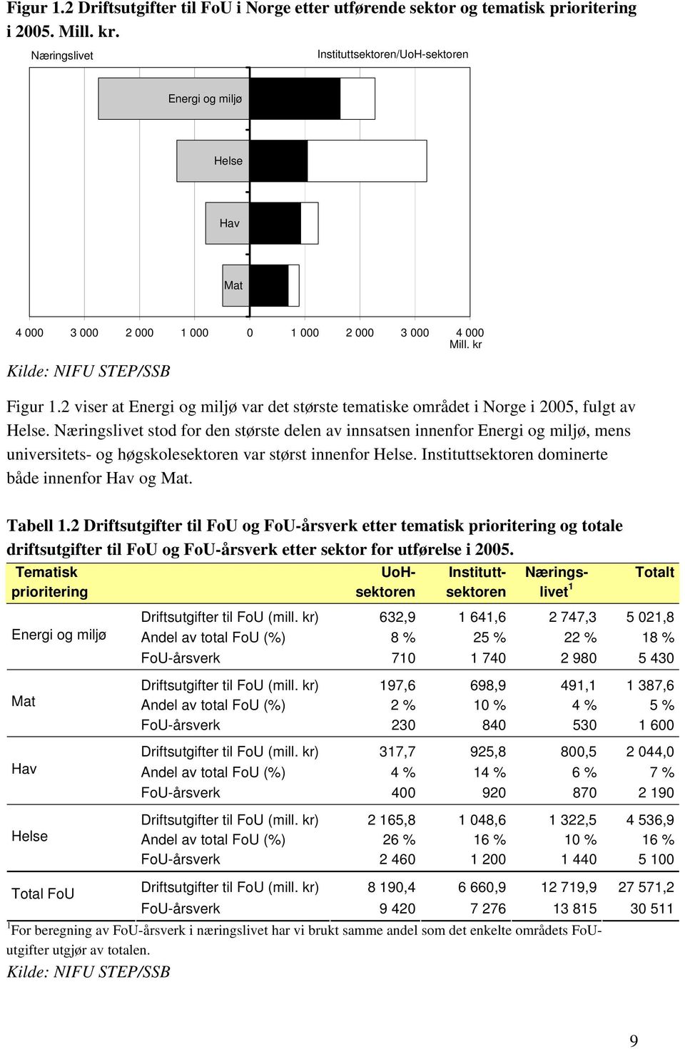 2 viser at Energi og miljø var det største tematiske området i Norge i 2005, fulgt av Helse.