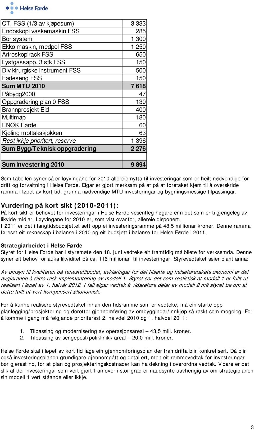 63 Rest ikkje prioritert, reserve 1 396 Sum Bygg/Teknisk oppgradering 2 276 Sum investering 2010 9 894 Som tabellen syner så er løyvingane for 2010 allereie nytta til investeringar som er heilt