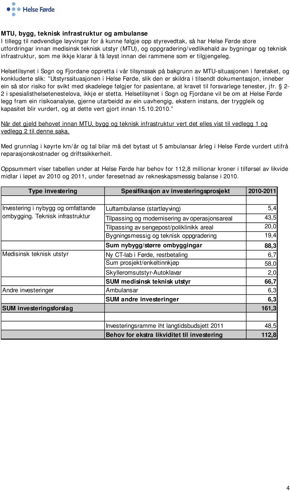 Helsetilsynet i Sogn og Fjordane oppretta i vår tilsynssak på bakgrunn av MTU-situasjonen i føretaket, og konkluderte slik: Utstyrssituasjonen i Helse Førde, slik den er skildra i tilsendt