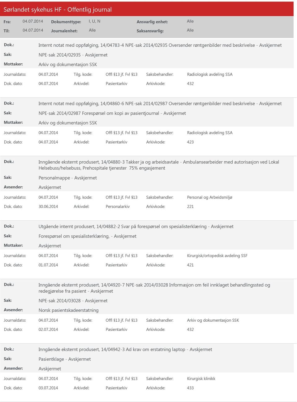 pasientjournal - Radiologisk avdeling SSA Dok.