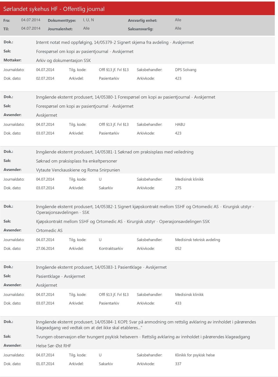 2014 Arkivdel: Pasientarkiv Arkivkode: 423 Inngående eksternt produsert, 14/05381-1 Søknad om praksisplass med veiledning Søknad om praksisplass fra enkeltpersoner Vytaute Venckauskiene og Roma