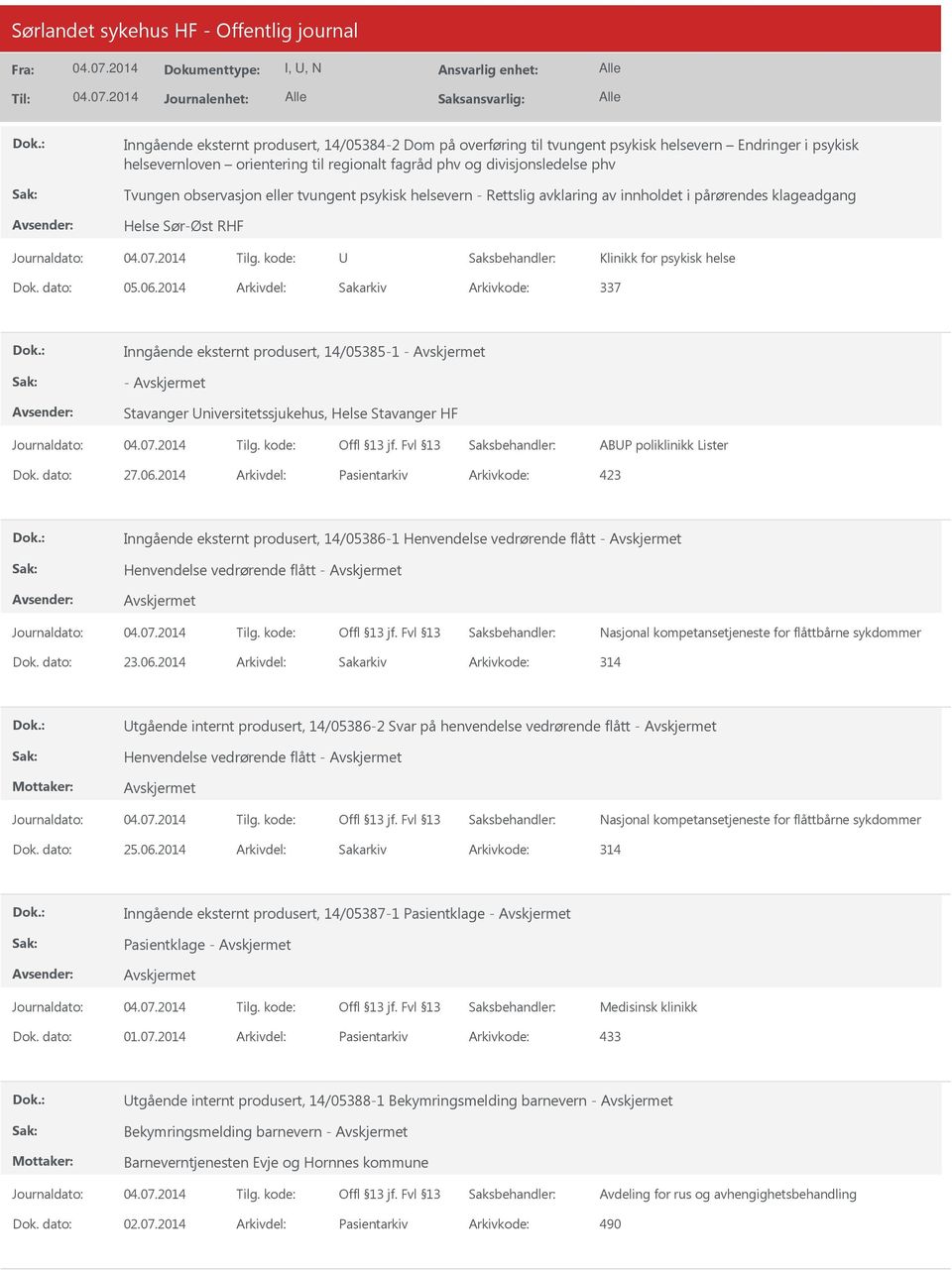 2014 Arkivdel: Sakarkiv Arkivkode: 337 Inngående eksternt produsert, 14/05385-1 - - Stavanger niversitetssjukehus, Helse Stavanger HF ABP poliklinikk Lister Dok. dato: 27.06.