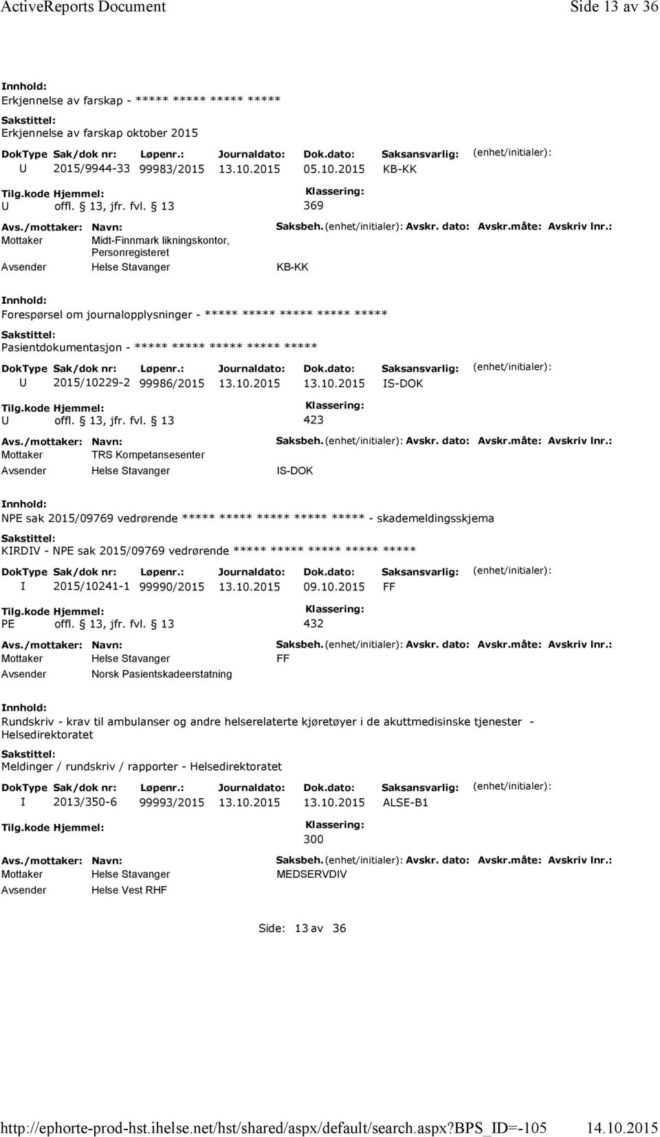 10.201 FF PE offl. 13, jfr. fvl. 13 432 Avsender Norsk Pasientskadeerstatning Saksbeh. Avskr. dato: Avskr.måte: Avskriv lnr.