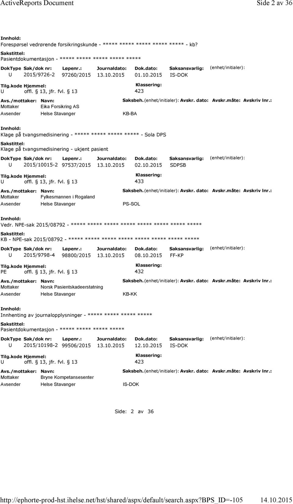 : KB-BA Klage på tvangsmedisinering - ***** ***** ***** ***** - Sola DPS Klage på tvangsmedisinering - ukjent pasient 201/1001-2 9737/201 02.10.201 SDPSB 433 Mottaker Fylkesmannen i Rogaland Saksbeh.