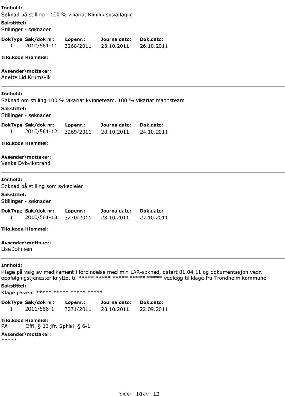 Stillinger - søknader 2010/561-13 3270/2011 Lise Johnsen Klage på valg av medikament i forbindelse med min LAR-søknad, datert 01.04.