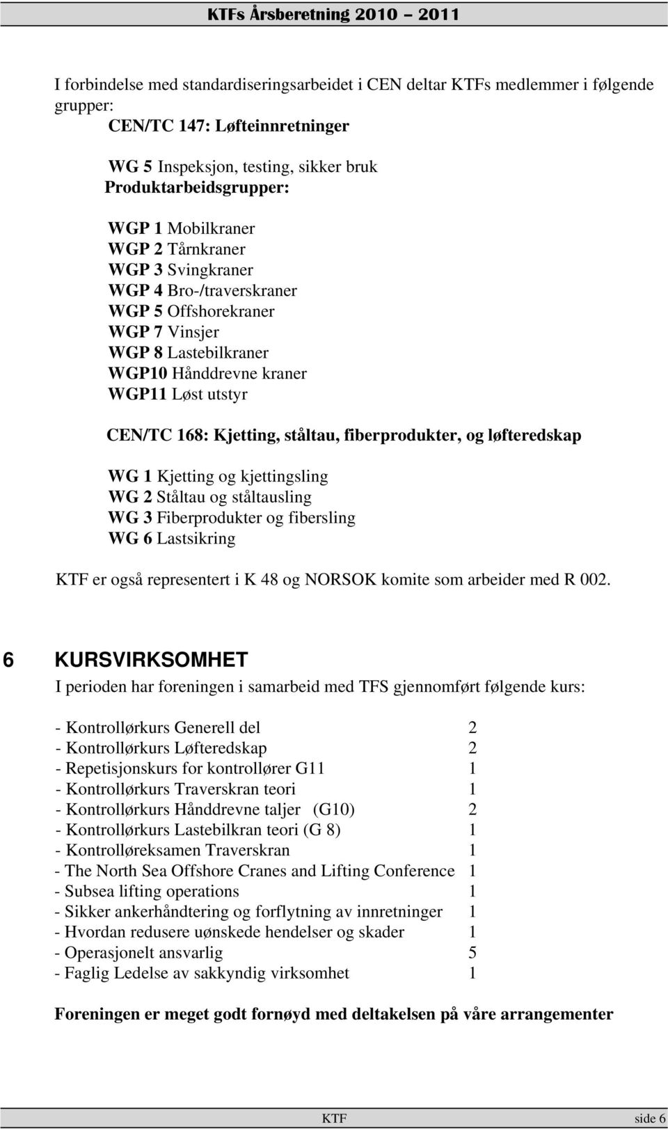 CEN/TC 168: Kjetting, ståltau, fiberprodukter, og løfteredskap WG 1 Kjetting og kjettingsling WG 2 Ståltau og ståltausling WG 3 Fiberprodukter og fibersling WG 6 Lastsikring KTF er også representert