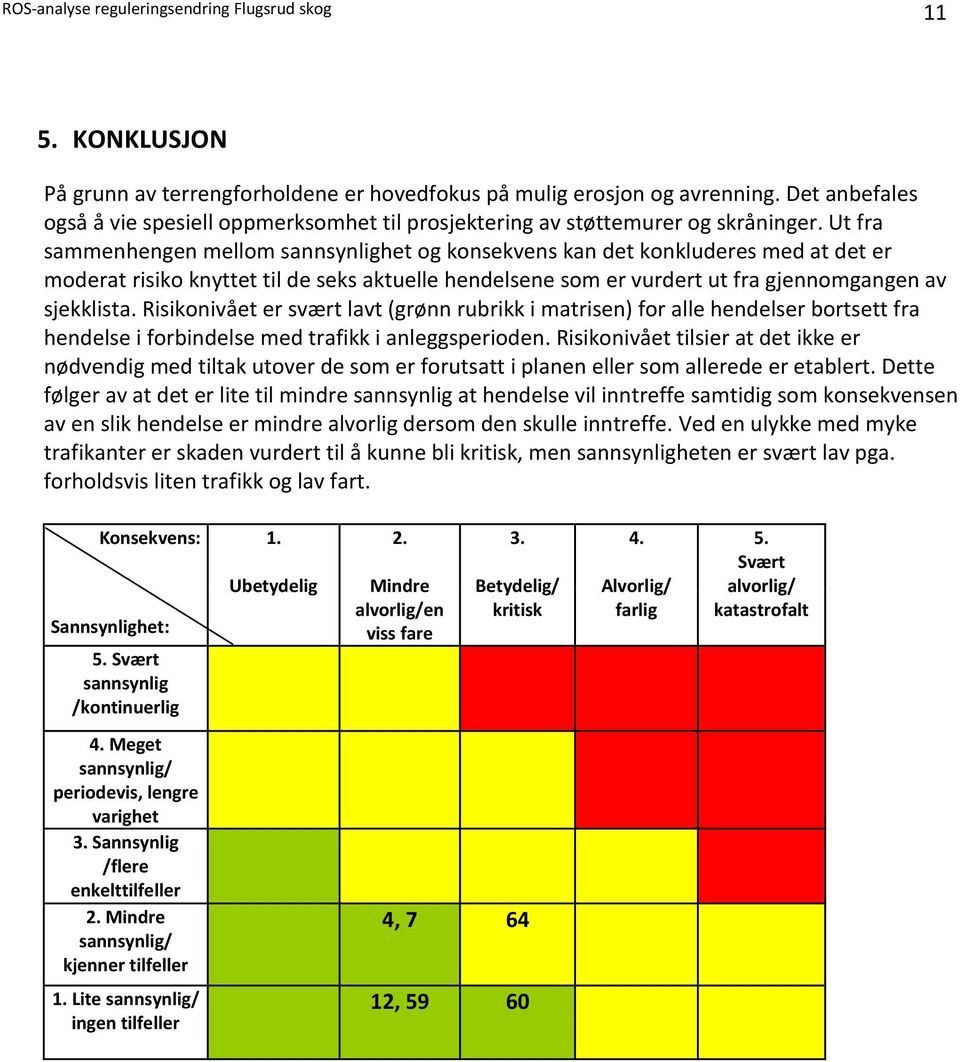 Ut fra sammenhengen mellom sannsynlighet og konsekvens kan det konkluderes med at det er moderat risiko knyttet til de seks aktuelle hendelsene som er vurdert ut fra gjennomgangen av sjekklista.