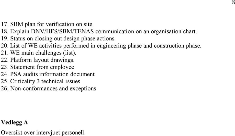 List of WE activities performed in engineering phase and construction phase. 21. WE main challenges (list). 22.