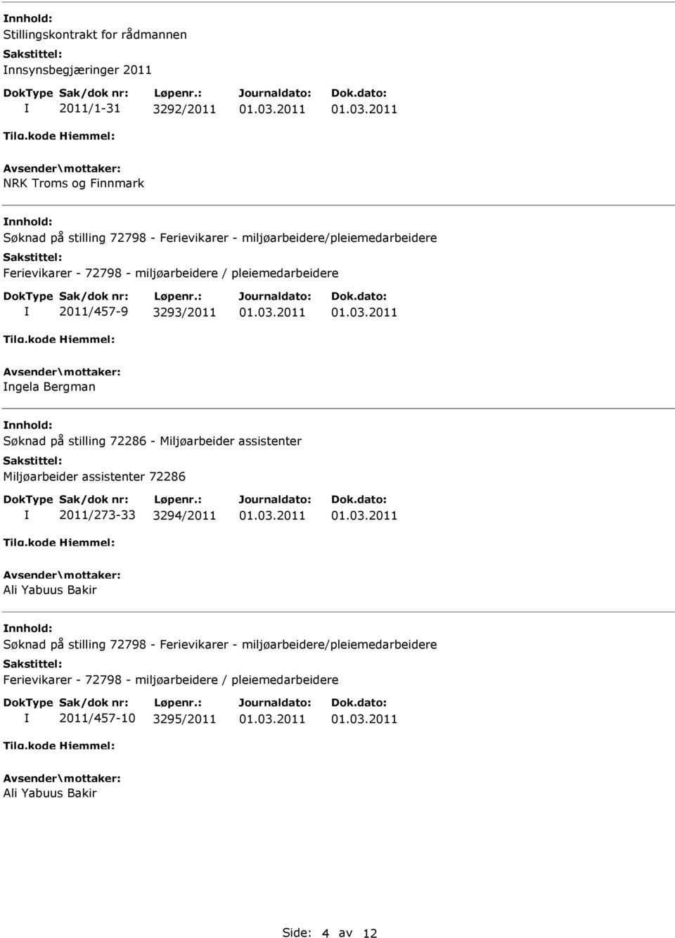 Søknad på stilling 72286 - Miljøarbeider assistenter Miljøarbeider assistenter 72286 2011/273-33 3294/2011 Ali Yabuus Bakir nnhold: Søknad på stilling
