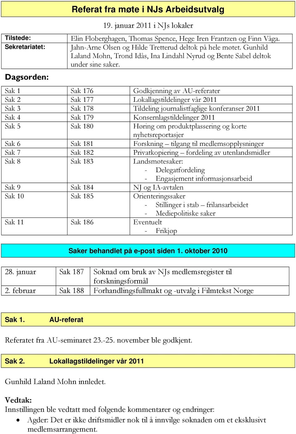 Sak 1 Sak 176 Godkjenning av AU-referater Sak 2 Sak 177 Lokallagstildelinger vår 2011 Sak 3 Sak 178 Tildeling journalistfaglige konferanser 2011 Sak 4 Sak 179 Konsernlagstildelinger 2011 Sak 5 Sak