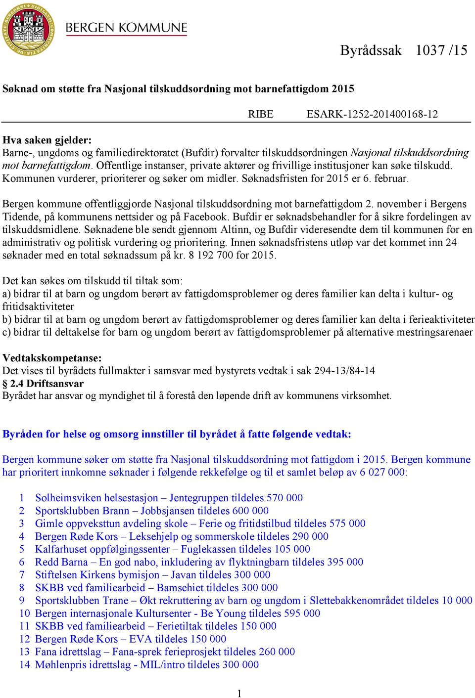 Søknadsfristen for 2015 er 6. februar. Bergen kommune offentliggjorde Nasjonal tilskuddsordning mot barnefattigdom 2. november i Bergens Tidende, på kommunens nettsider og på Facebook.