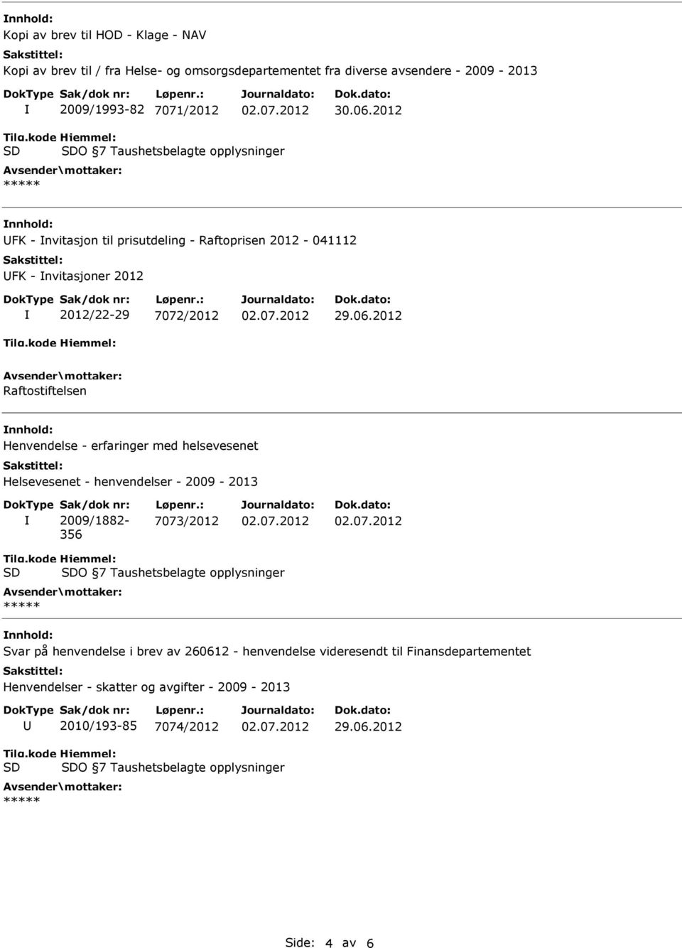 Henvendelse - erfaringer med helsevesenet Helsevesenet - henvendelser - 2009-2013 2009/1882-356 7073/2012 Tilg.