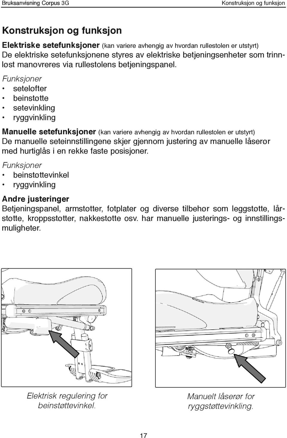 Funksjoner seteløfter beinstøtte setevinkling ryggvinkling Manuelle setefunksjoner (kan variere avhengig av hvordan rullestolen er utstyrt) De manuelle seteinnstillingene skjer gjennom justering av