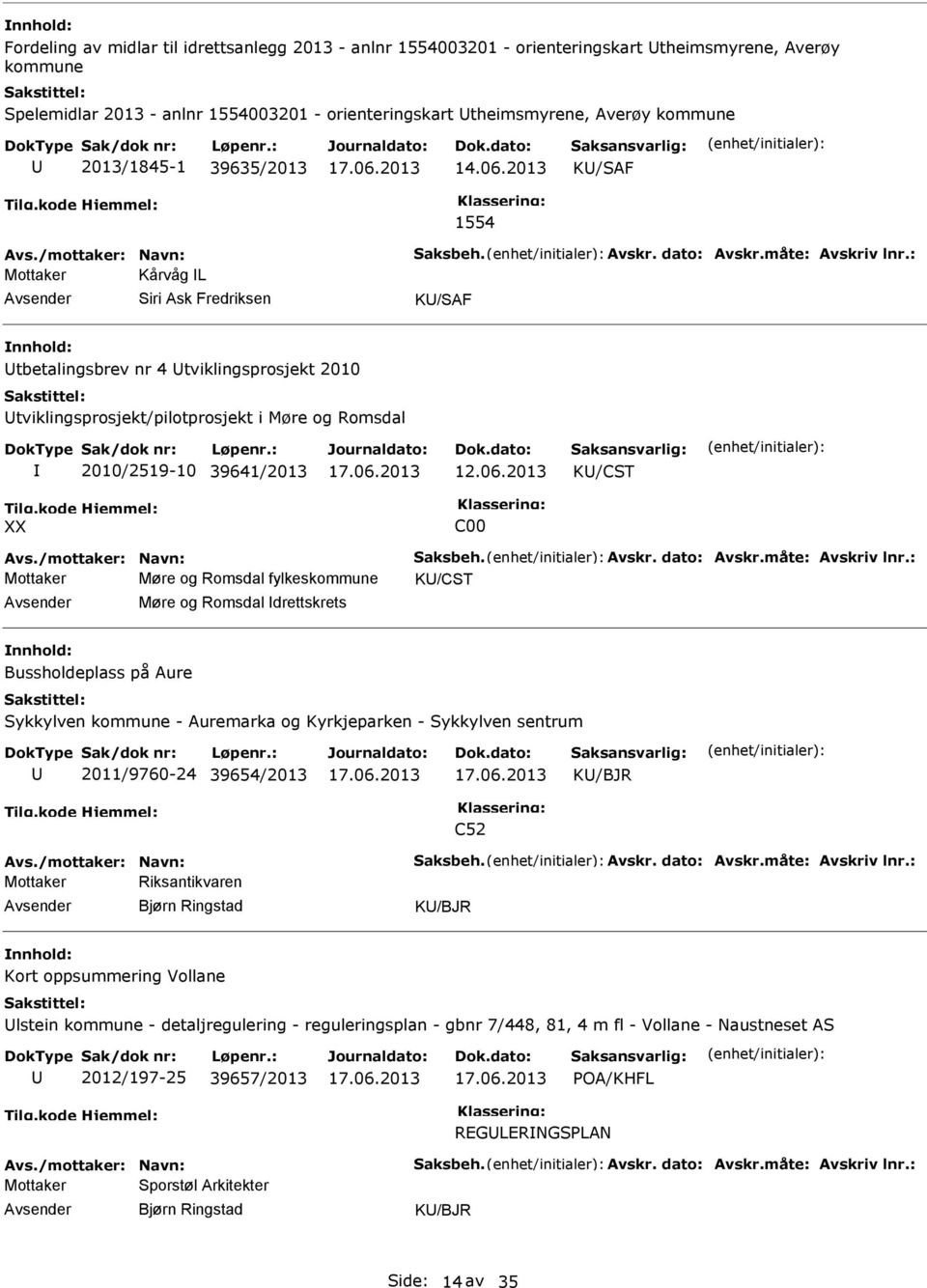 2013 K/CST C00 Mottaker Møre og Romsdal fylkeskommune K/CST Møre og Romsdal drettskrets Bussholdeplass på Aure Sykkylven kommune - Auremarka og Kyrkjeparken - Sykkylven sentrum 2011/9760-24