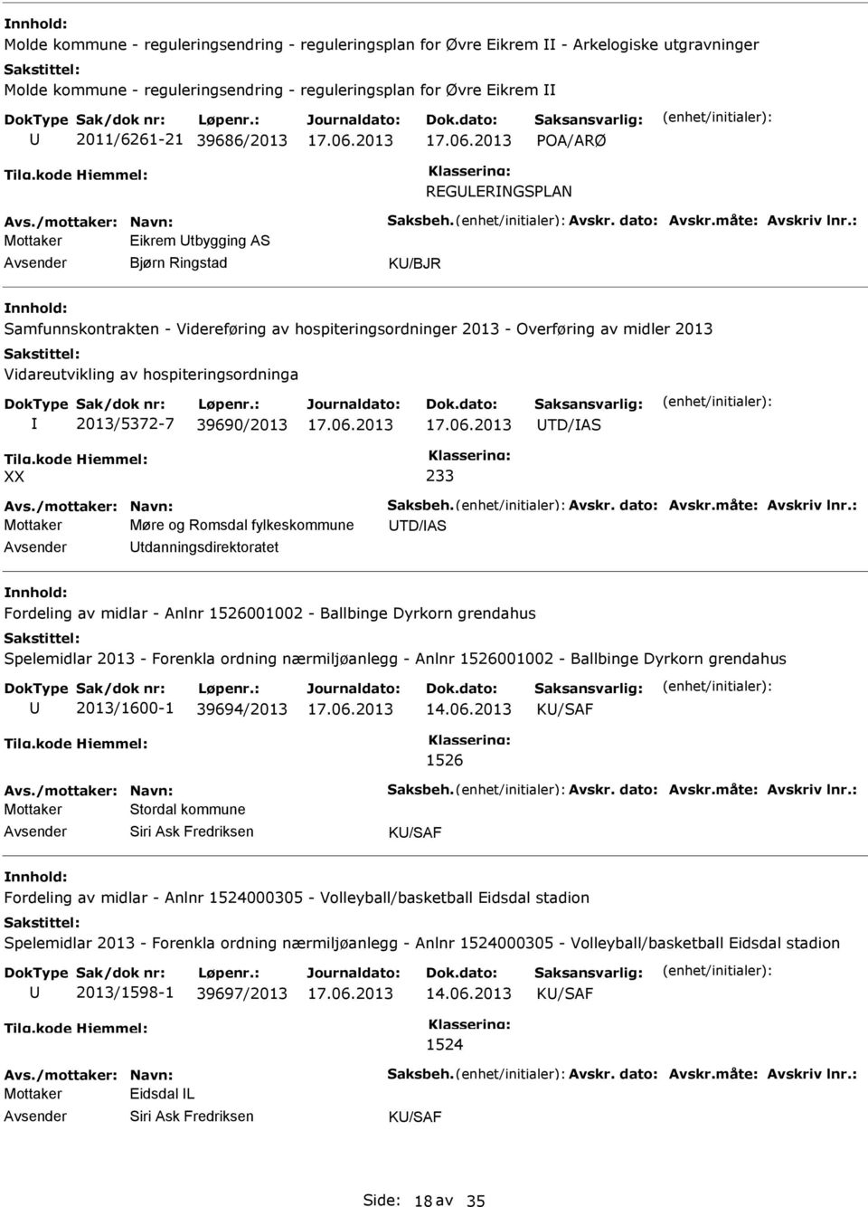 2013/5372-7 39690/2013 TD/AS 233 Mottaker Møre og Romsdal fylkeskommune TD/AS tdanningsdirektoratet Fordeling av midlar - Anlnr 1526001002 - Ballbinge Dyrkorn grendahus Spelemidlar 2013 - Forenkla