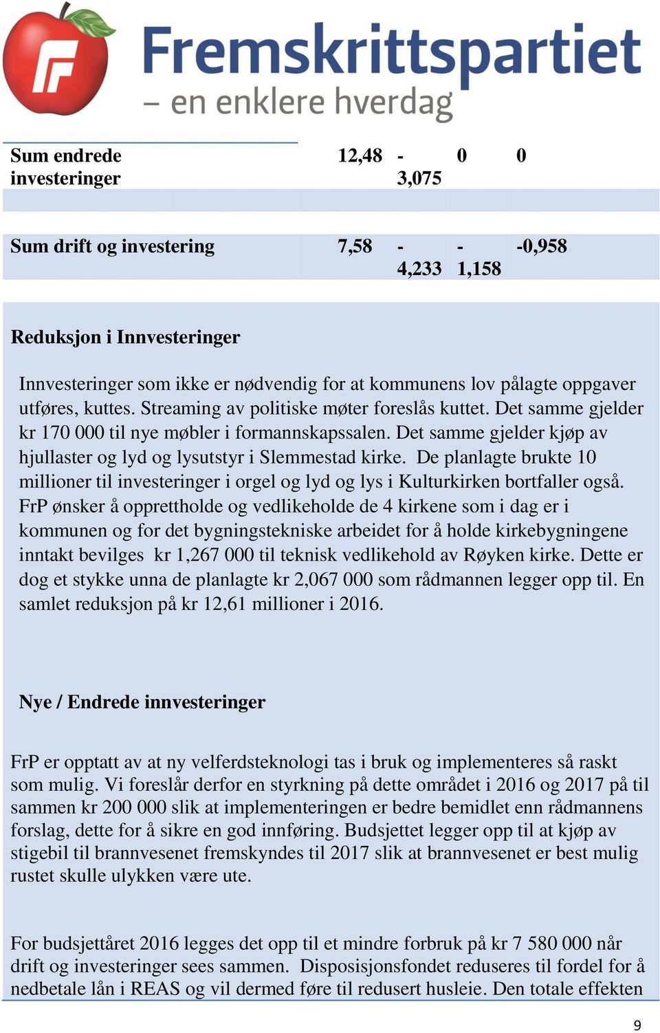 Det samme gjelder kjøp av hjullaster og lyd og lysutstyr i Slemmestad kirke. De planlagte brukte 10 millioner til investeringer i orgel og lyd og lys i Kulturkirken bortfaller også.