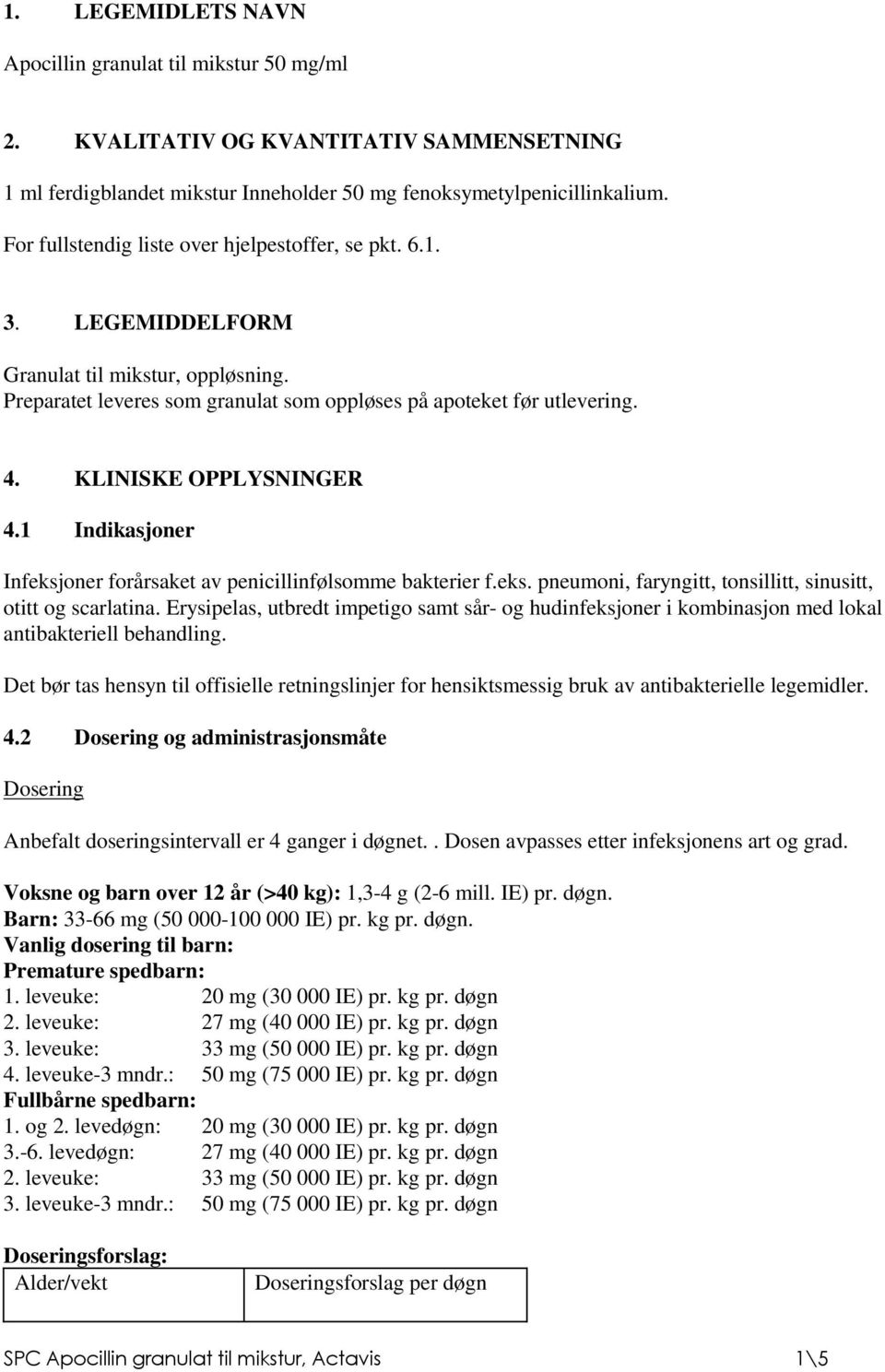 KLINISKE OPPLYSNINGER 4.1 Indikasjoner Infeksjoner forårsaket av penicillinfølsomme bakterier f.eks. pneumoni, faryngitt, tonsillitt, sinusitt, otitt og scarlatina.