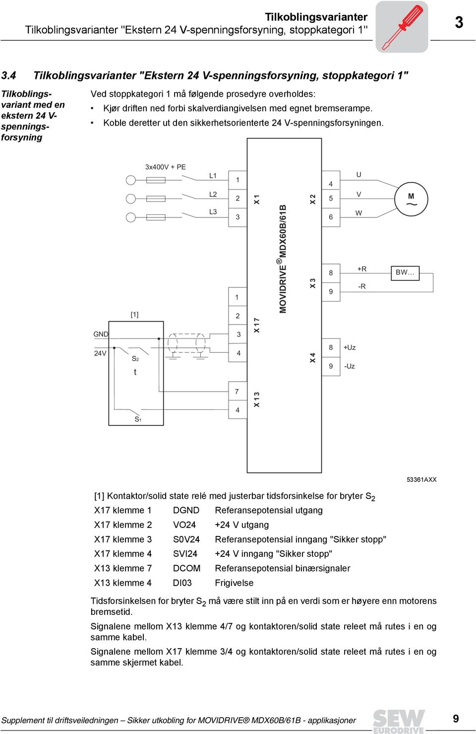 skalverdiangivelsen med egnet bremserampe. Koble deretter ut den sikkerhetsorienterte V-spenningsforsyningen. x00v + PE L L X X 5 U V M GND [] L X7 MOVIDRIVE MDX60B/6B X 6 W +R -R BW.