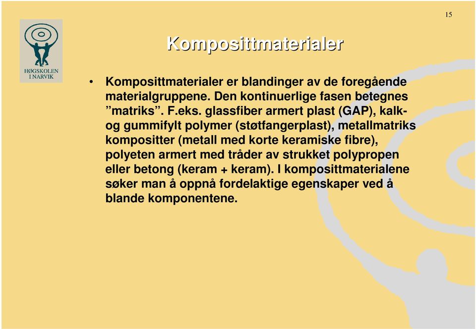 glassfiber armert plast (GAP), kalkog gummifylt polymer (støtfangerplast), metallmatriks kompositter (metall med