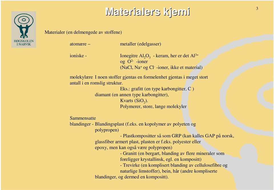 : grafitt (en type karbongitter, C ) diamant (en annen type karbongitter), Kvarts (SiO 2 ). Polymerer, store, lange molekyler Sammensatte blandinger - Blandingsplast (f.eks.