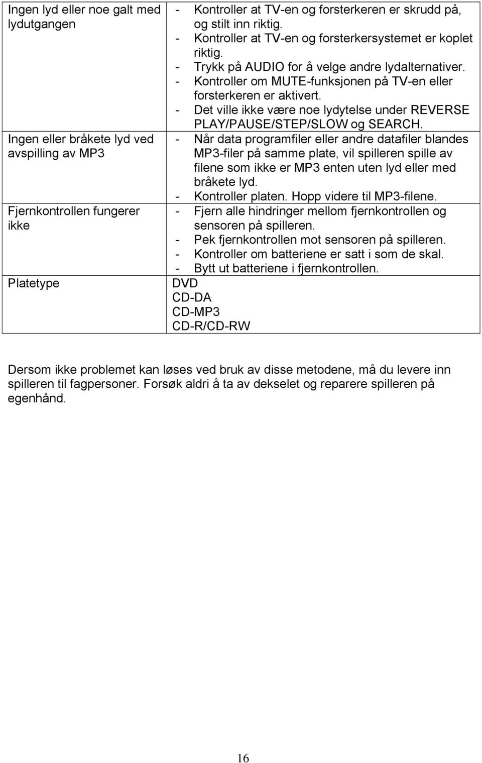 - Det ville ikke være noe lydytelse under REVERSE PLAY/PAUSE/STEP/SLOW og SEARCH.