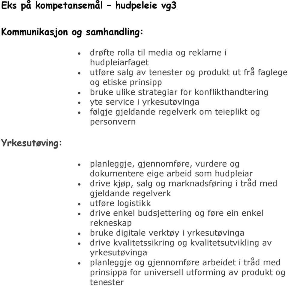 dokumentere eige arbeid som hudpleiar drive kjøp, salg og marknadsføring i tråd med gjeldande regelverk utføre logistikk drive enkel budsjettering og føre ein enkel rekneskap bruke