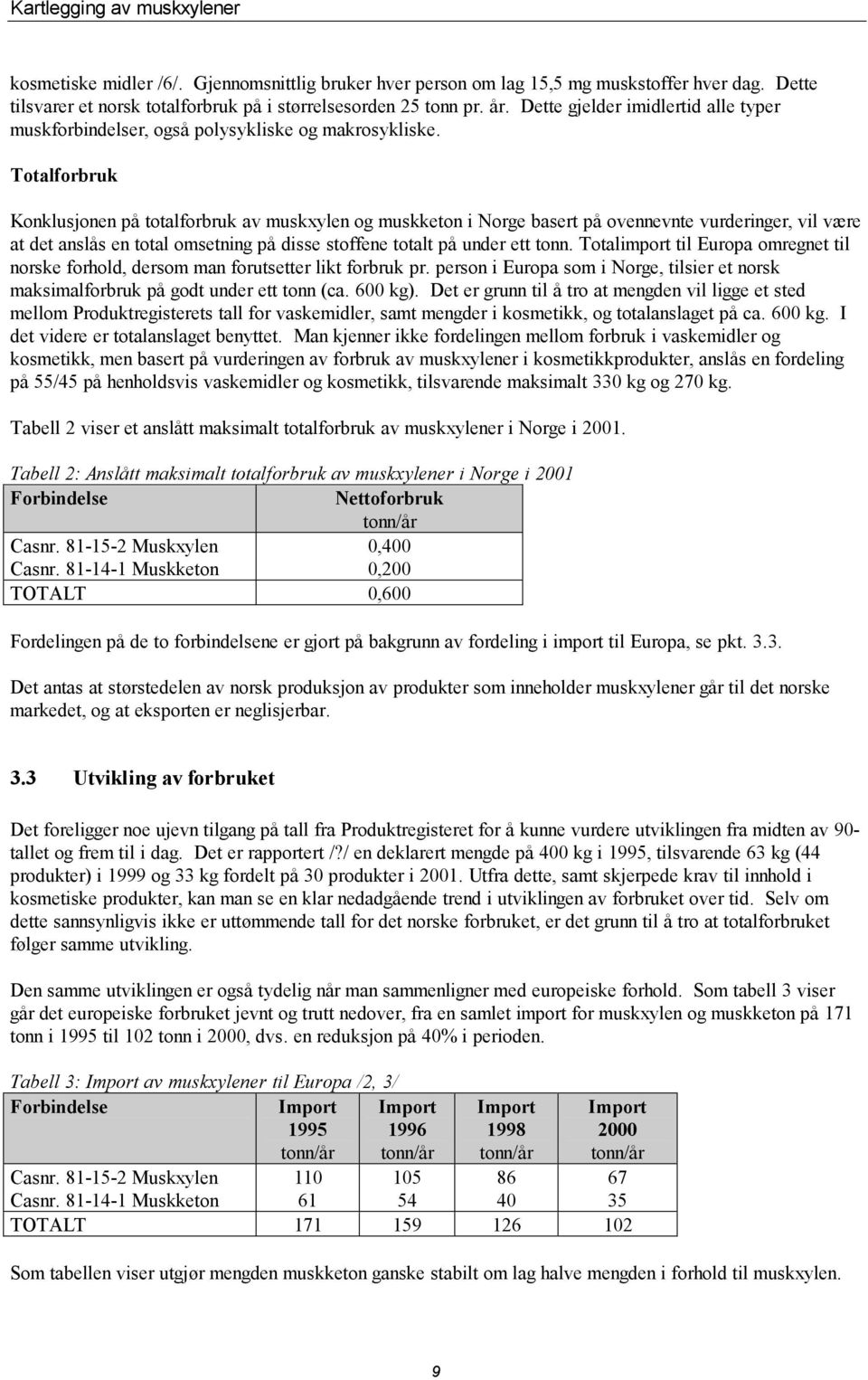 Totalforbruk Konklusjonen på totalforbruk av muskxylen og muskketon i Norge basert på ovennevnte vurderinger, vil være at det anslås en total omsetning på disse stoffene totalt på under ett tonn.