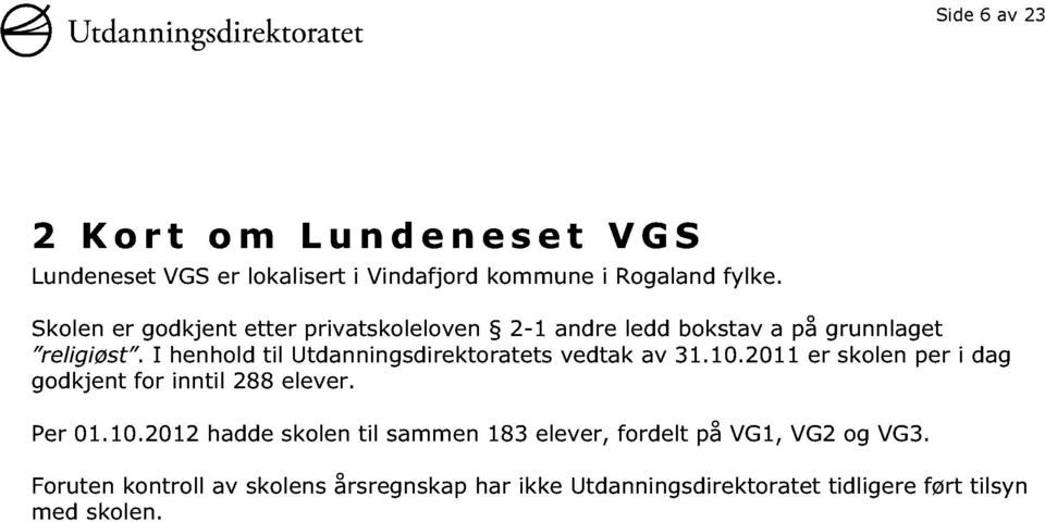 I henhold til Utdanningsdirektoratets vedtak av 31.1 0.2011 er skolen per i dag godkjent for inntil 288 elever. Per 01.10.