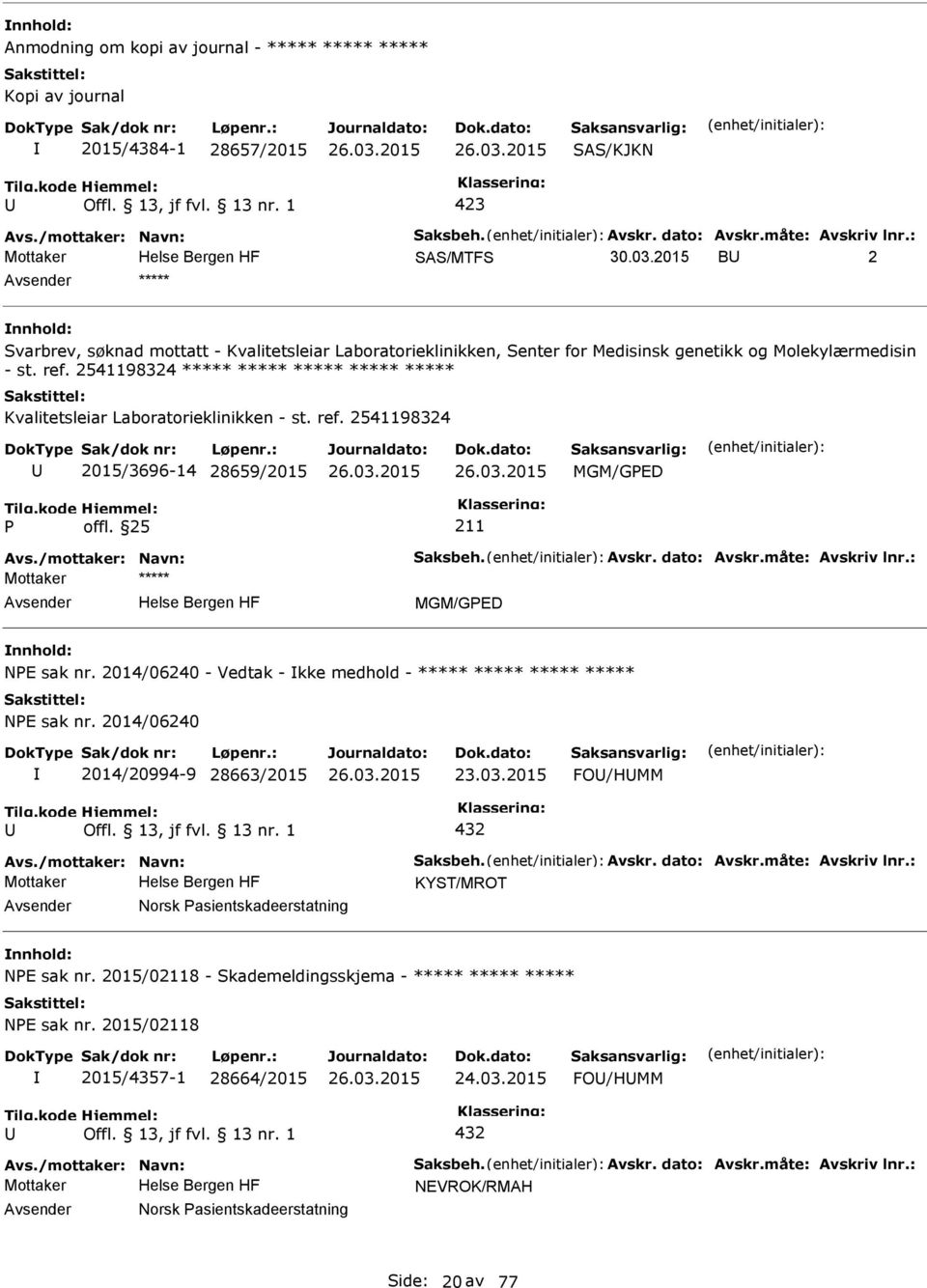 2541198324 ***** ***** ***** ***** ***** Kvalitetsleiar Laboratorieklinikken - st. ref. 2541198324 2015/3696-14 28659/2015 MGM/GED Avs./mottaker: Navn: Saksbeh. Avskr. dato: Avskr.måte: Avskriv lnr.