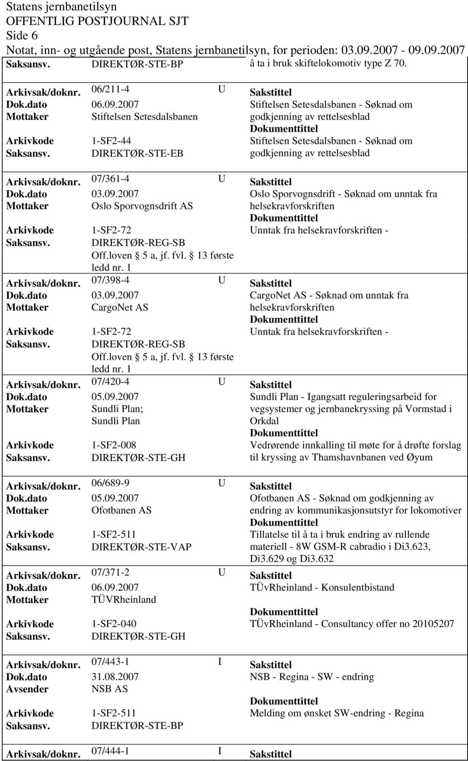 DIREKTØR-STE-EB godkjenning av rettelsesblad Arkivsak/doknr. 07/361-4 U Sakstittel Oslo Sporvognsdrift - Søknad om unntak fra Mottaker Oslo Sporvognsdrift AS Unntak fra - Arkivsak/doknr.